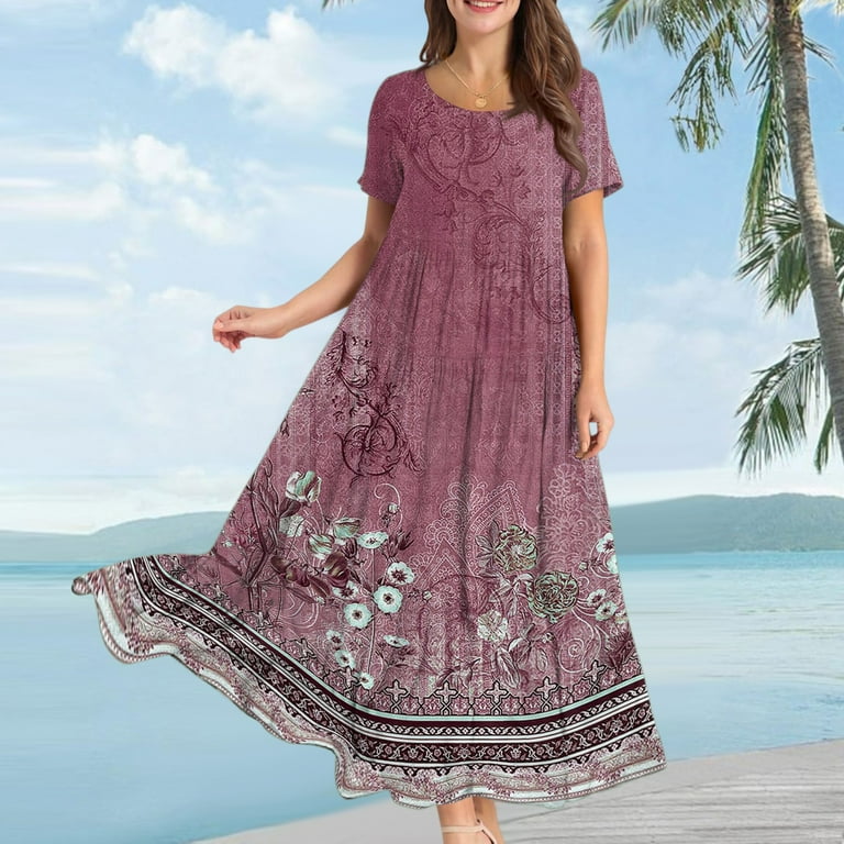 WTOBBY Women Casual Loose Bohemian Floral Dress Short Sleeve Long Maxi  Summer Beach Swing Dress, Flowy for Vacation and Boho Chic,Purple L -  Walmart.com