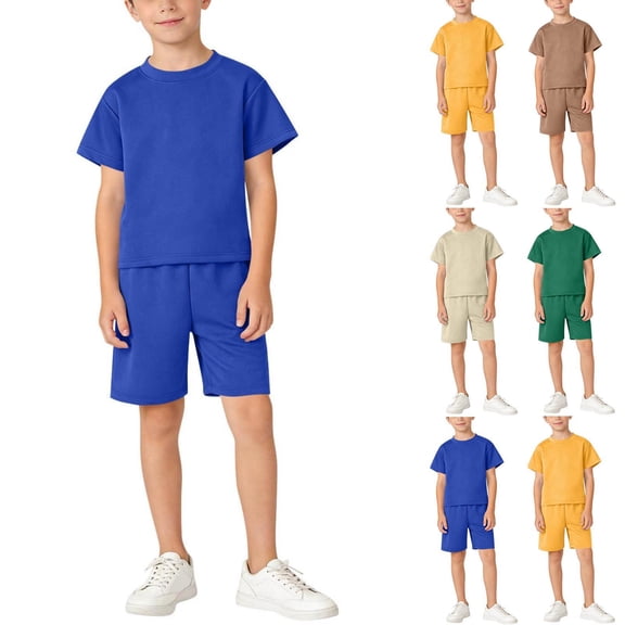 SROBPTY Kids 1-14Y Solid Round Neck Mesh Short Sleeve Tops with Shorts Sports Suits