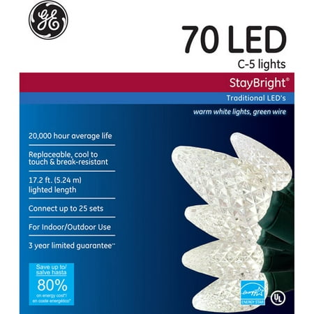 GE Staybright LED C5 Warm White Christmas Lights, 70