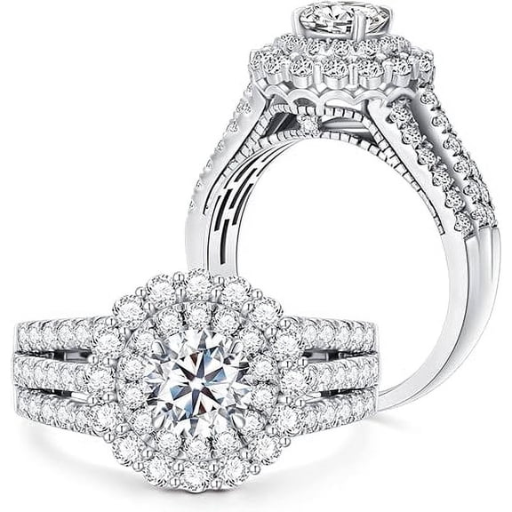 Dazzlingdaimonds Jewels 925 Sterling Silver 3.00 Ct Round Cut White Diamond Wedding Engagement Christmas Bridal Ring Set 14K White Gold Plated For Women's -5.5