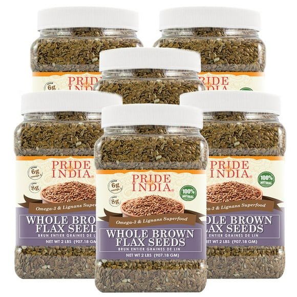 Pride Of India - PACK of 6 - Whole Brown Flax Seeds - Omega-3 & Lignan Superfood, 2 lbs Jar