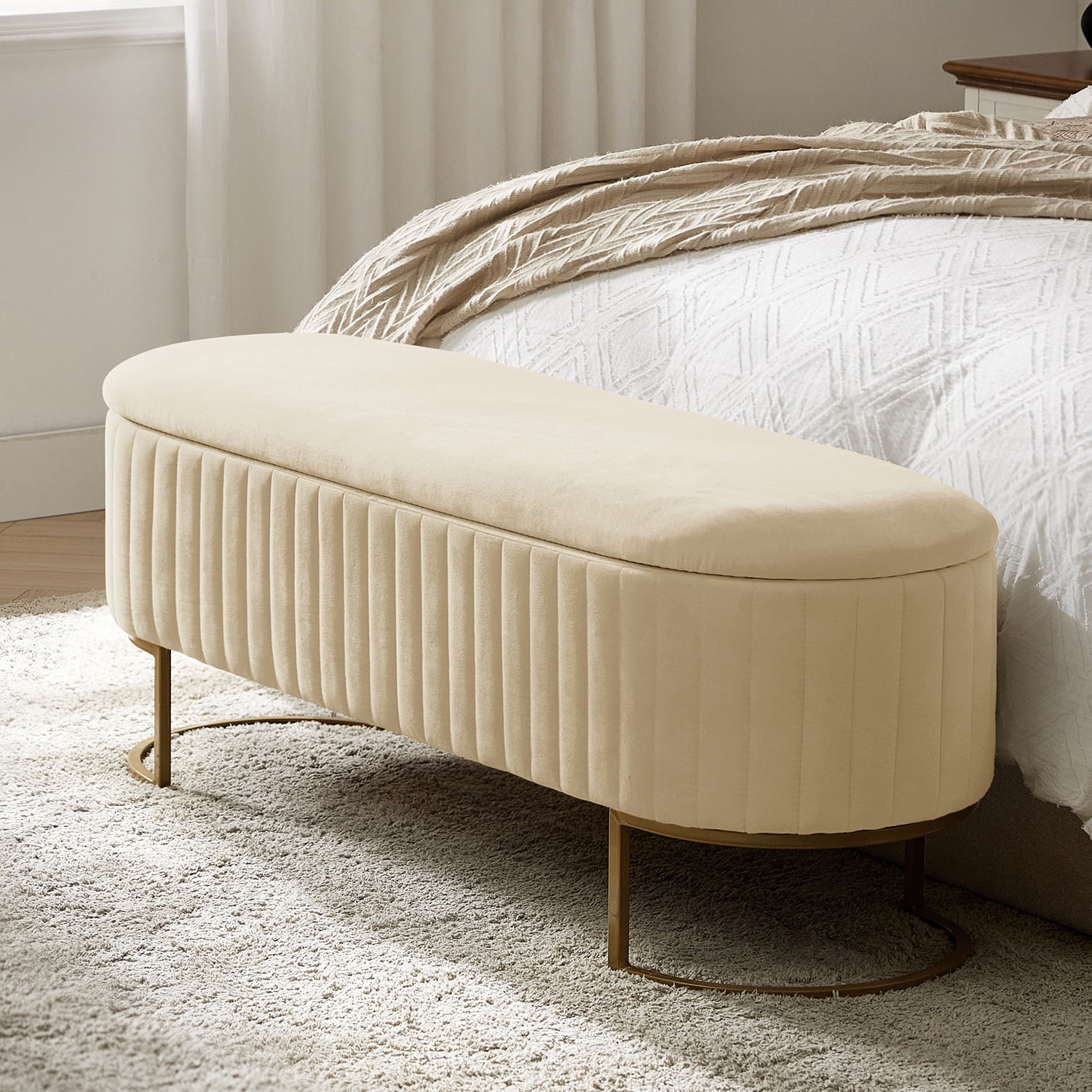 50.5" Upholstered Storage Bench For End of Bed Entryway Bedroom Ottoman Beige