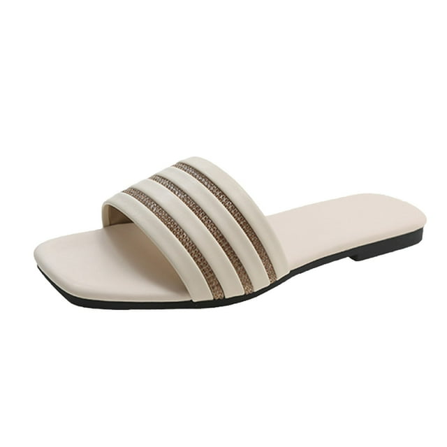 Flat Sandals for Women Slide Rhinestone Stripe Open Square Toe Leather Non Slip Breathable Beach Summer Slipper White