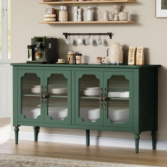 HLR 58'' Large Sideboard Buffet Cabinet with Storage, 4 Glass Modern Credenza Table for Kitchen, Green