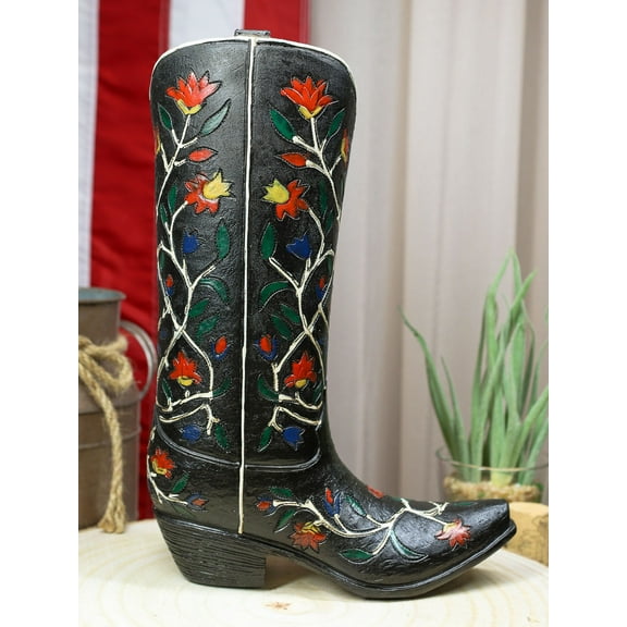 Rustic Western Black Tooled Leather Cowboy Boot With Rose Vines Vase Figurine