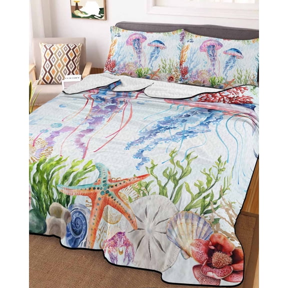 Jellyfish Coastal King Size Down Alternative Comforter, Lightweight Comforter Quilt Bedding Set with Pillow Shams Blue Nautical Summer Beach Ocean All Seasons Bed Comforter Duvet Insert 96"x106"