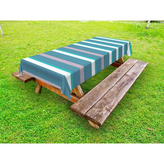 Striped Outdoor Tablecloth, Turquoise Dark Teal Stripes Thick and Thin Lines with Aqua Colors Pattern Art Print, Decorative Washable Fabric Picnic Tablecloth, 58 X 104 Inches, Teal White, by Ambesonne