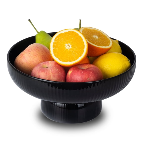 Ceramic Fruit Bowl with Draining Holes, 10" Large Fruit Basket, Black
