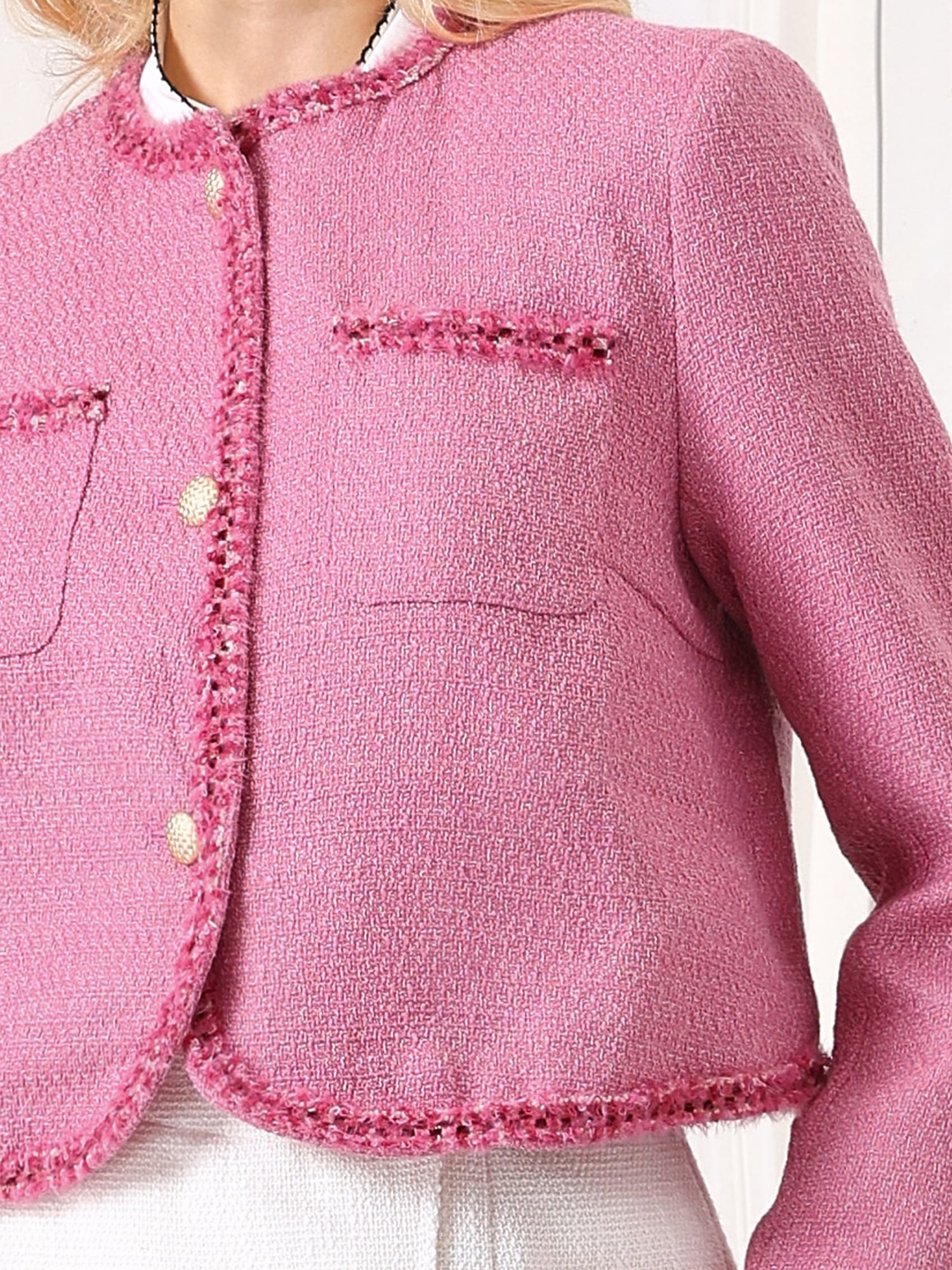 DARING DIVA Women's Tweed Blazer Long Sleeve Open Front Cropped Jacket M Pink