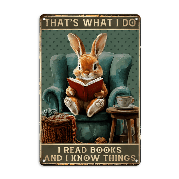 Novelty Sign, Rabbit Vintage Book Love Book Reading Book Metal Poster I Read Books and I Know Things Reading Books Vintage Poster Tin Sign 8x12inch_00001_ Wall Decor For Home Bedroom Bar Country Garde
