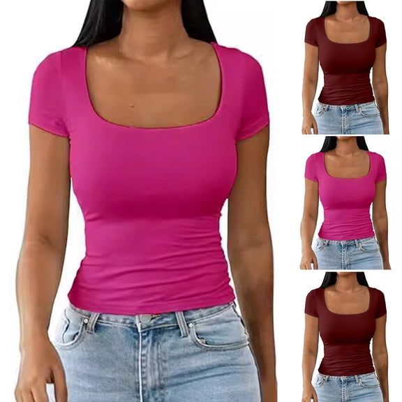 Tshirt Women Women Slim U Neck Solid Short Sleeve Fashion Basic Tee Hot Pink L