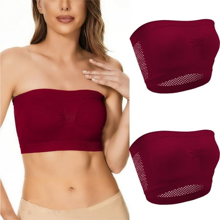 qolati 2 Piece Womens Bandeau Bras Stretchy Seamless Comfort Breathable Gathering Bra Underwear Strapless Padded Tube Top Sprots Bras