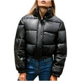 thumbnail image 2 of Noora Women's Black Leather Crop Bubble Coat Puffer Quilted Jacket With Zipper & Pocket | Zip Up Leather Jacket JS35, 2 of 9