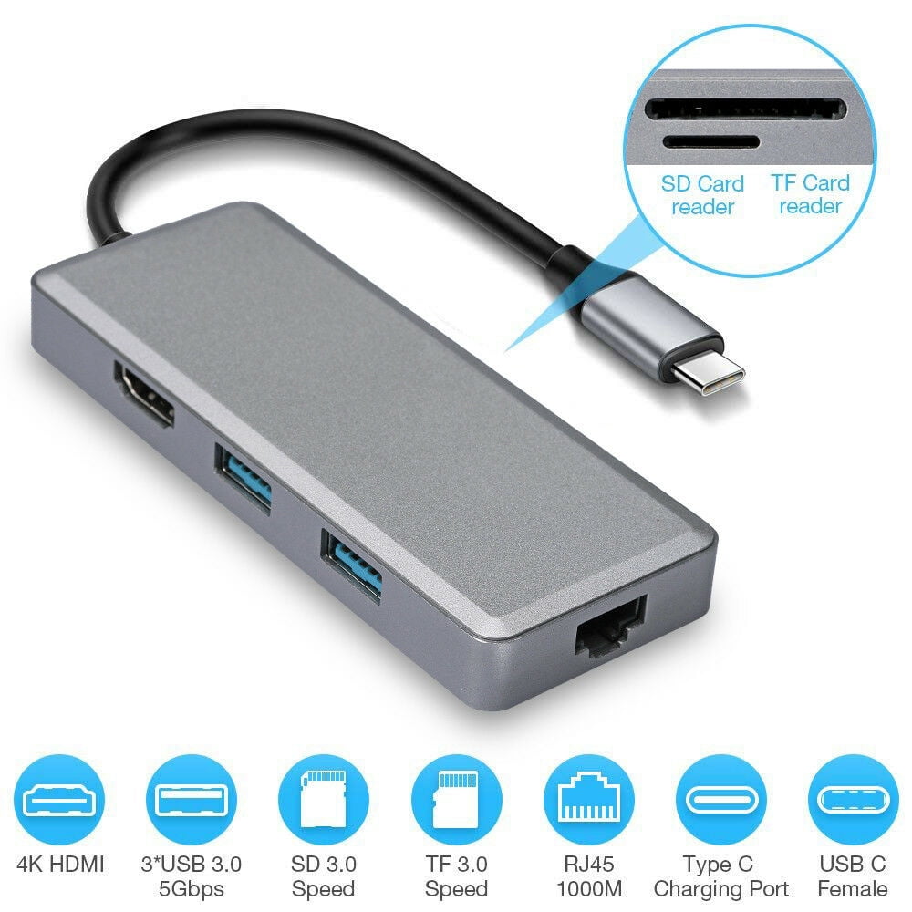 7 in1 USB-C Hub Dual Type-C Aluminum Card Reader Adapter 4K HDMI For MacBook Pro