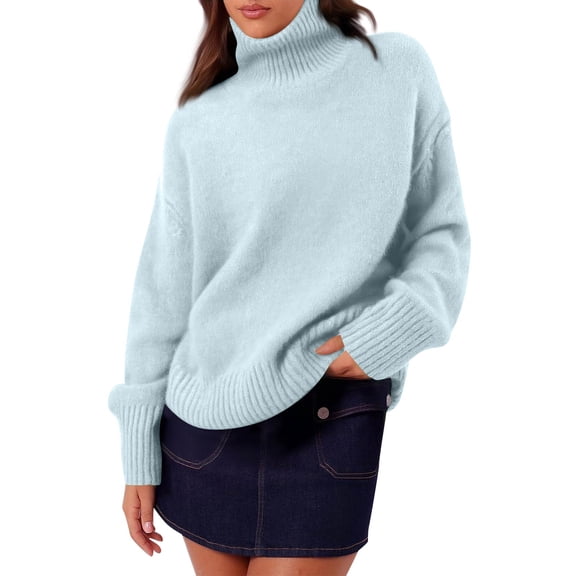 Chunky Sweater Women Knit Sweater Turtleneck Sweater Women Womens Turtleneck Long Sleeve Sweater Fall Trendy Loose Fit Casual Tops Chunky Knit Pullover Sweaters, Sky Blue-L