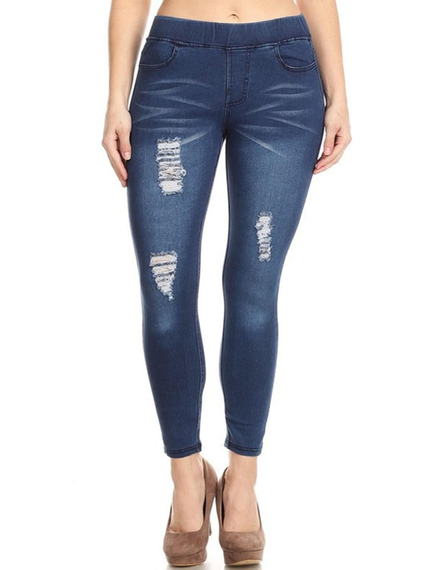MOA COLLECTION Women's Solid Distressed High Waist Stretch Skinny Fit Pocket Denim Jegging Pants
