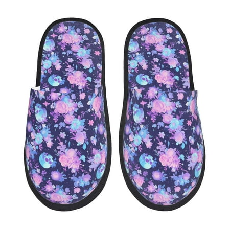 Balery White Skull Flower Slient Indoor Furry Fleece Comfort House Shoes Soft Non-Slip Home Shoes Cotton slippers House Slippers-- Medium