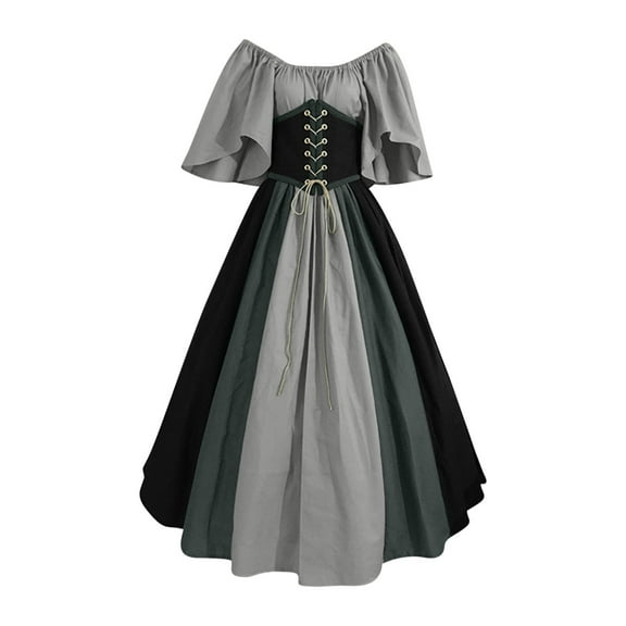 Ecqkame Women Renaissance Medieval Dress Women's Fashion Middle Ages Vintage Color Matching Short Sleeve Off Shoulder Dress Dark Gray S