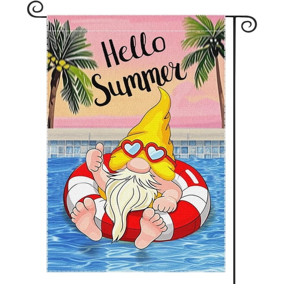 Summer Garden Flag With Gnome Swimming Pool Design, Double Sided Outdoor Yard Decoration, Tropical Beach Seasonal Welcome Banner, 12 x 18 Inch