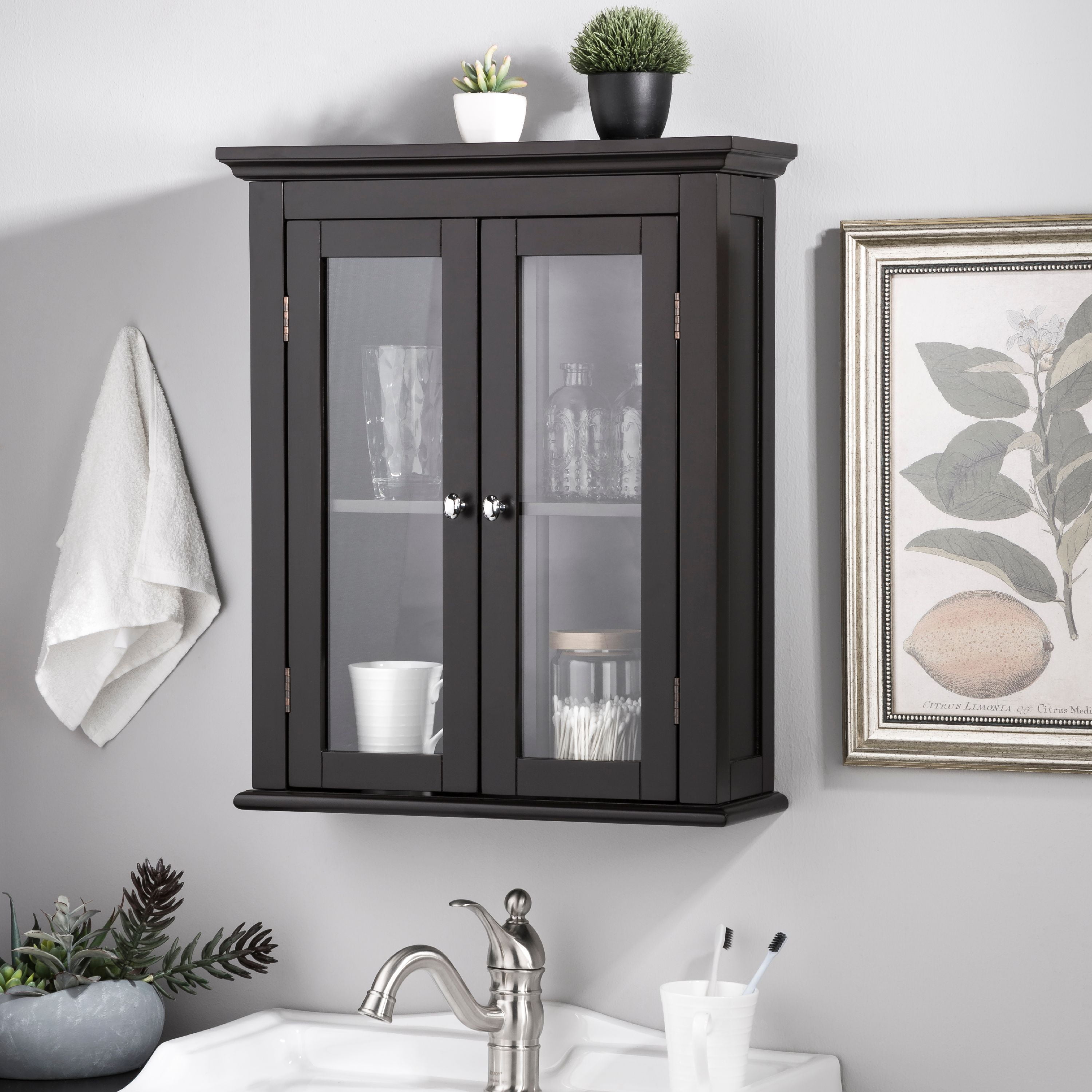 Glitzhome Wooden Wall Storage With Double Doors, Espresso