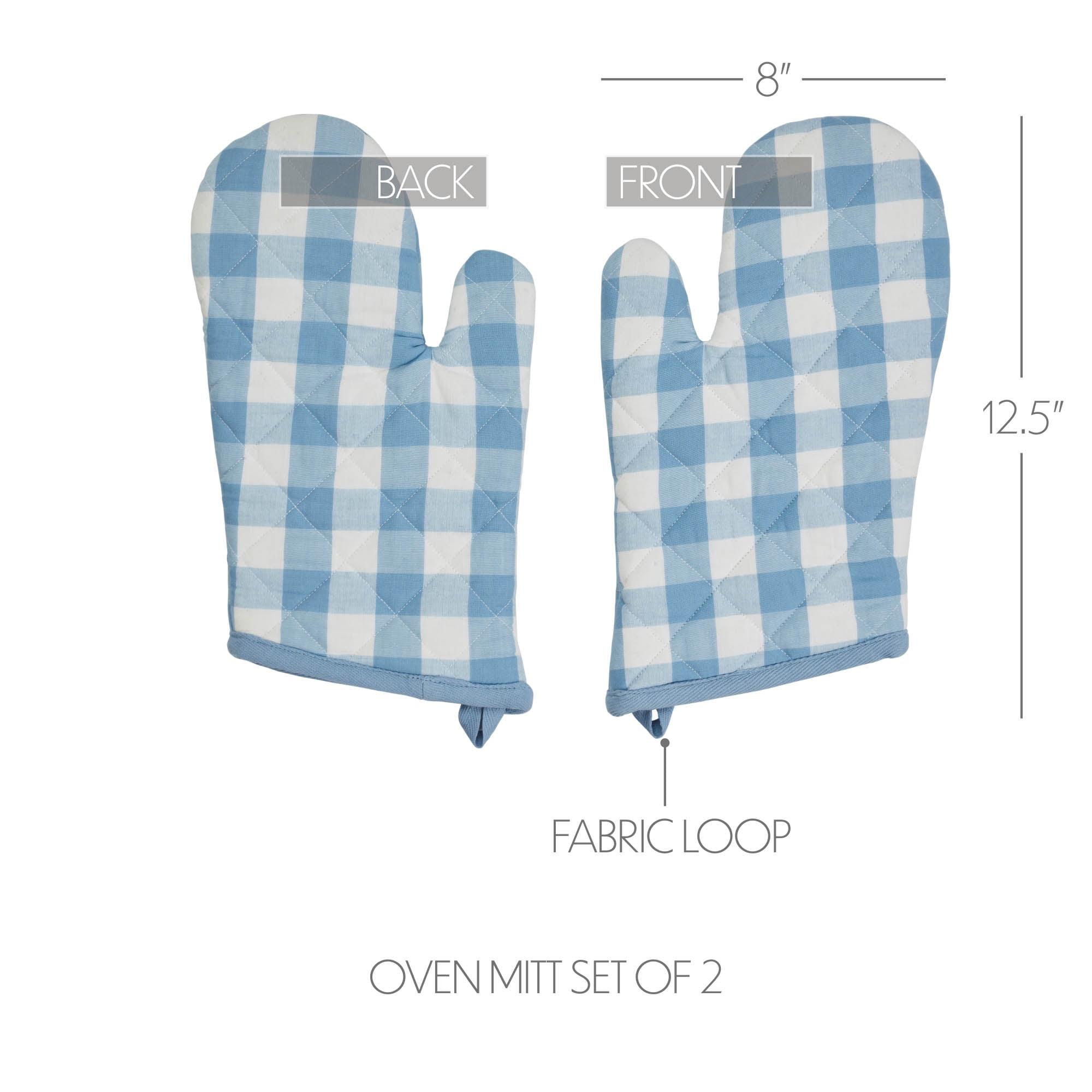 VHC Brands Cotton Oven Mitt Set of 2, Heat Resistant, Baking Glove Pot Holder, Kitchen Mitts, Annie Buffalo Check Collection, 12.5x8, Dusk Blue