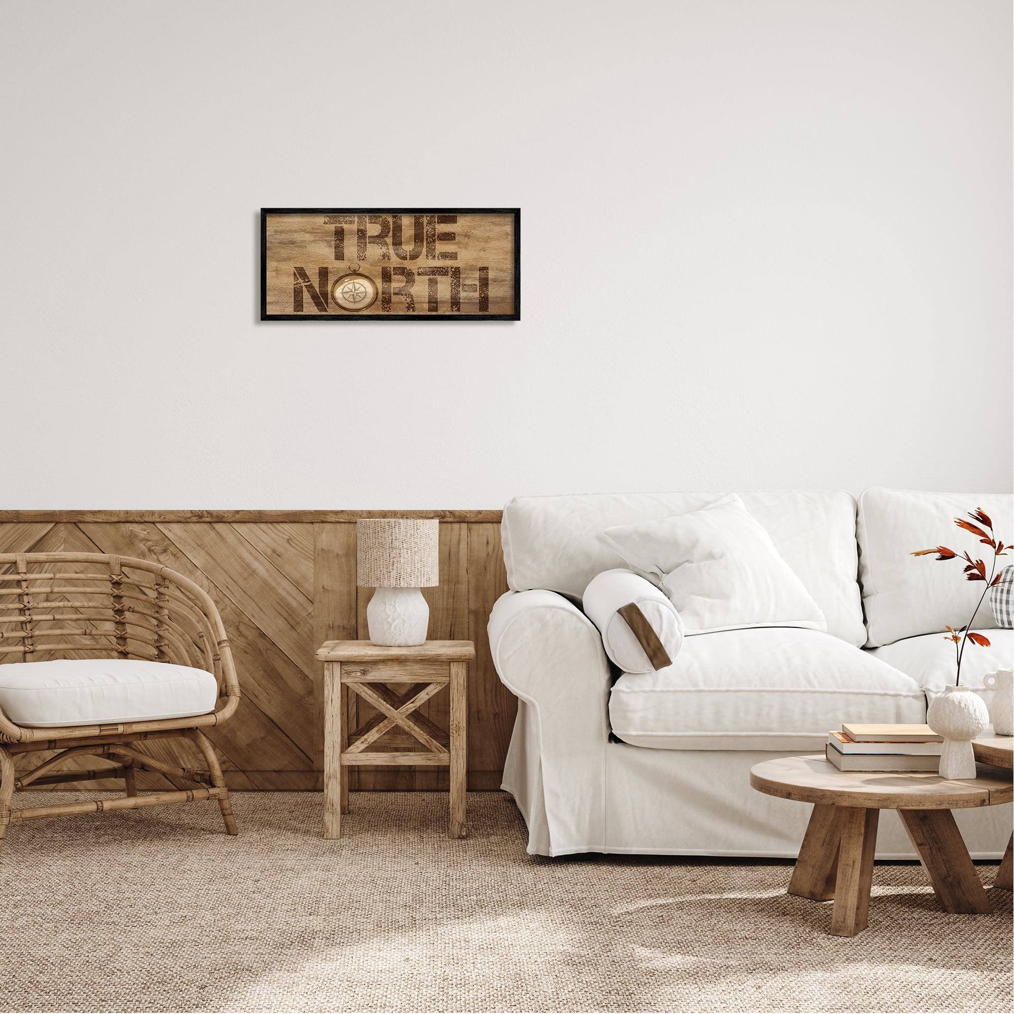 Stupell Industries Rustic True North Compass Nature Painting Black Framed Art Print Wall Art, 24 x 10