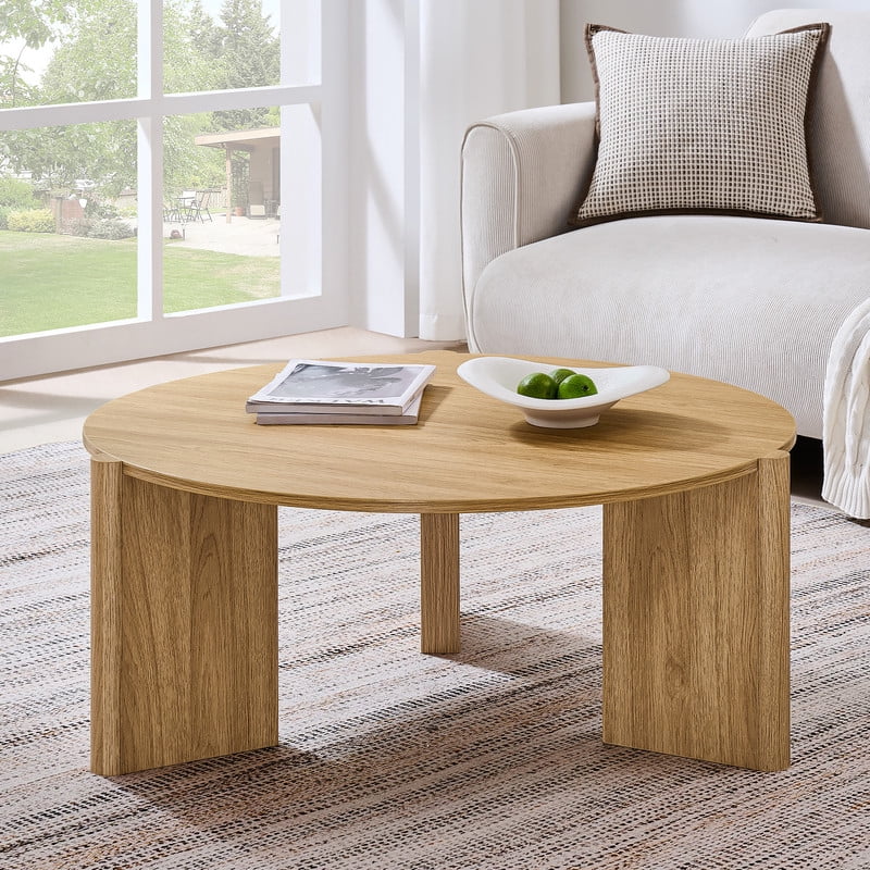 Aitjunz 33" Round Coffee Table, Modern Wood Center Table with Unique Pedestal Base for Living Room, Natural