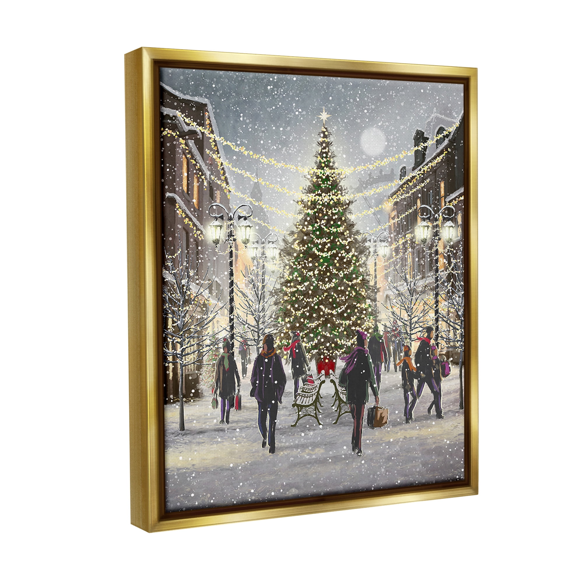 Stupell Industries Town Christmas Tree Holiday Painting Gold Floater Framed Canvas Art Print Wall Art, 17 x 21