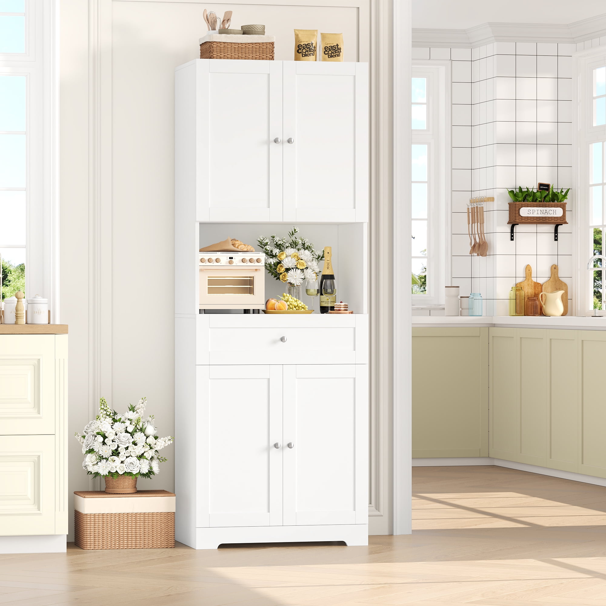 Homfa 67.5'' Tall Kitchen Pantry with Microwave Shelf, Large Storage Drawer Wood Pantry Storage Cabinet for Dining Room Living Room, White