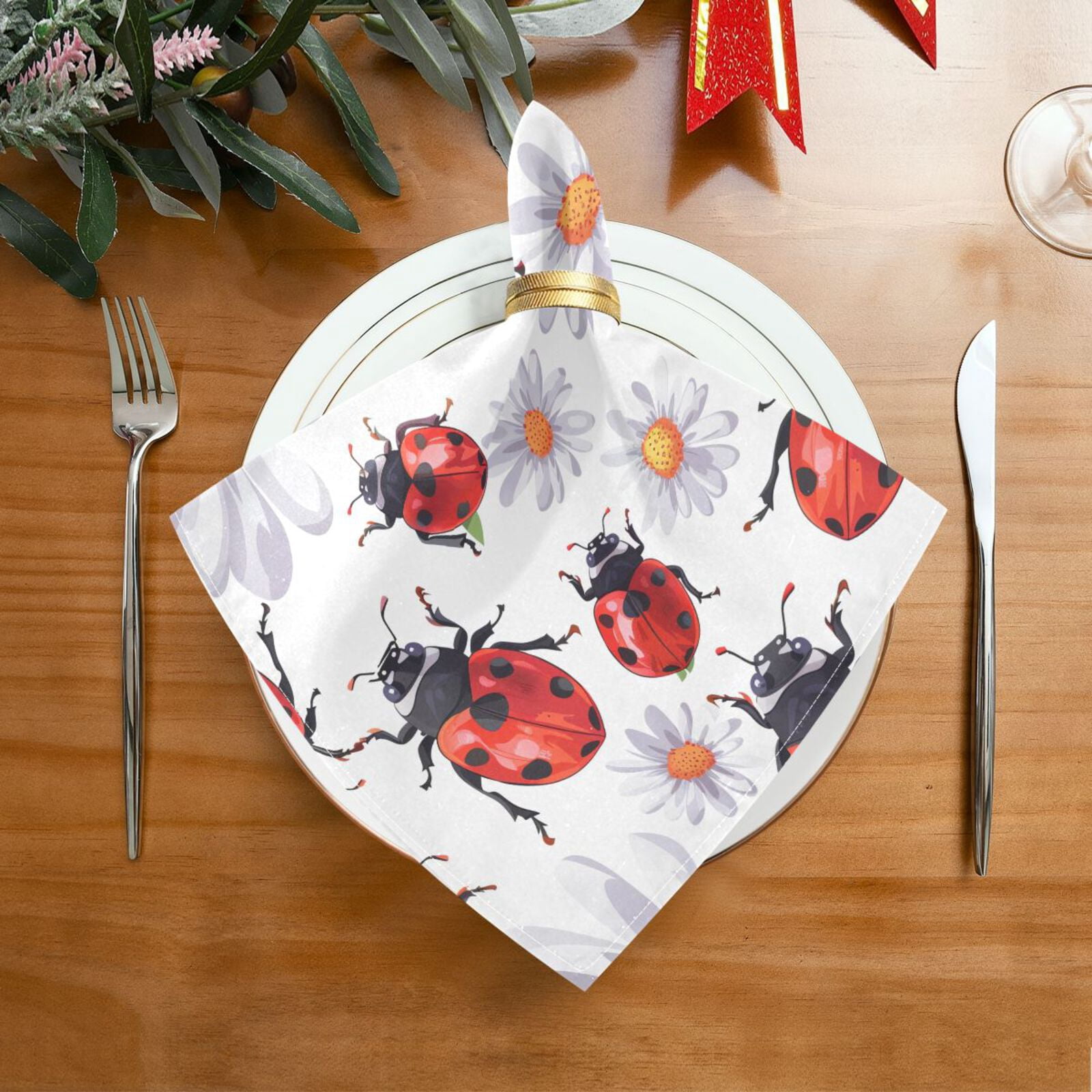 JSTEL Lady Bug Daisy Flower Cloth Napkins Set of 6, 20x20 Inch Washable and Reusable Napkin for Decoupage Dinner Party Everyday Use