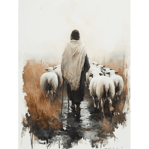 Qisvanset 12x16 Inch With Frame 2D Flat Wall Art Jesus Leaves The Sheep Bible Shepherd Home Wall Art