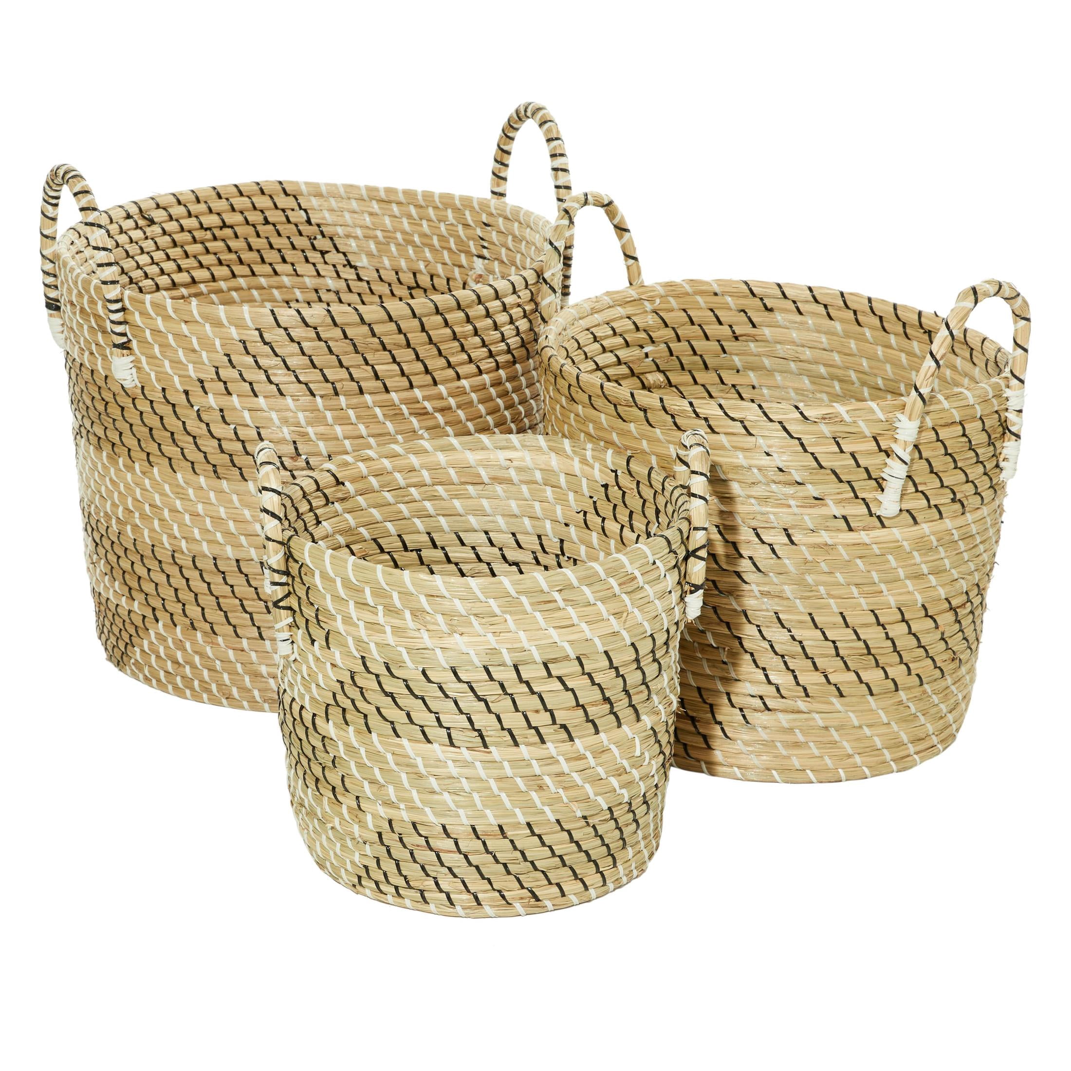DecMode 14", 17", 19"H Beige Seagrass Handmade Woven Storage Basket with Black and White Zig Zag Pattern, 3-Pieces
