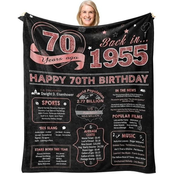 70th Birthday Gifts for Women, Birthday Gifts for 70 Year Old Woman, 70th Birthday Gifts Ideas, Happy 70th Birthday Gifts for Women, 70th Birthday Decorations, 1955 Bday Present Throw Blanket 60"X50"