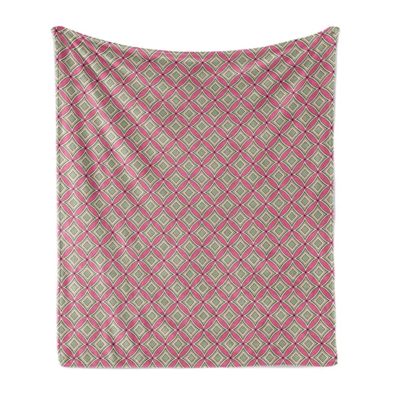 Geometrical Soft Flannel Fleece Blanket, Pastel Abstract Oval Lines Along Diamond Stripes Classic Folk Mosaic Style, Cozy Plush for Indoor and Outdoor Use, 50" x 70", Pink Sage Green, by Ambesonne