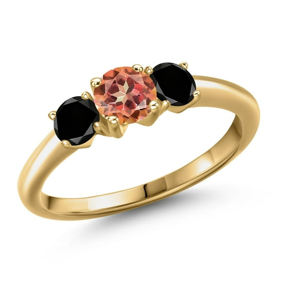 Gem Stone King 18K Yellow Gold Plated Silver Ecstasy Mystic Topaz and Black Diamond Engagement Ring for Women | 1.54 Cttw | Round 5MM | Gemstone November Birthstone | Size 5