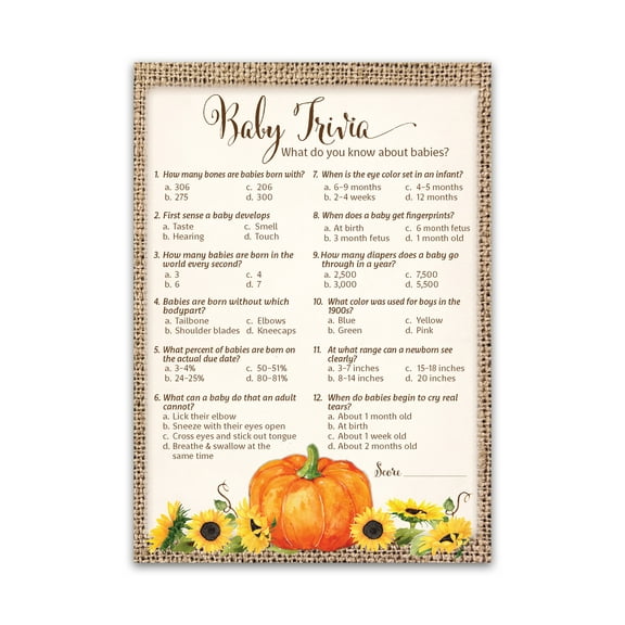 PUMPKIN Baby Shower Game, Pumpkins BABY TRIVIA Game — Pack of 25 — FALL Baby Shower, Rustic GENDER NEUTRAL Baby Shower Games, Little Pumpkin Autumn Fall Baby Halloween baby party games SKU G331-TRV