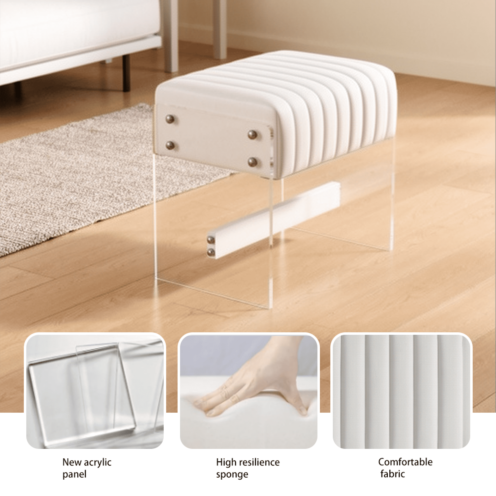 Leumius Dressing Stool with White PU Leather Surface, High-density Sponge and Transparent Acrylic Legs, Modern Luxury Square Stool for Bedrooms, Entrances and Living Rooms
