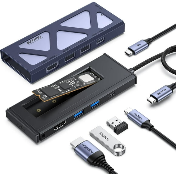 BENFEI 6-in-1 USB C Hub with M.2 NVMe SSD Enclosure, 10Gbps USB 3.2 Ports (2×USB-A + 1×USB-C), 100W PD, 4K@60HZ HDMI–Compatible with MacBook Pro/Air, iPad Pro, Dell XPS, Surface Pro
