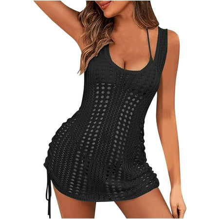 Lovskoo Swimsuit Coverup for Women Sleeveless Summer 2024 Beach Skirt Solid Color Knitted Hollow Beach Bikini Cover Up Black M