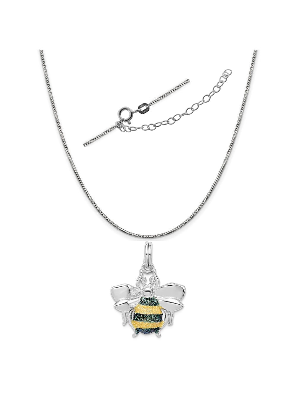 Sterling Silver Anti-Tarnish Treated Green and Yellow Enamel Bee Necklace