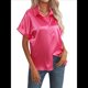 thumbnail image 2 of Blusa de Satén de Seda con Botones para Mujer, Ligera, de Trabajo, con Cuello en V, Larga y Solapa Rosa Roja L, 2 of 10
