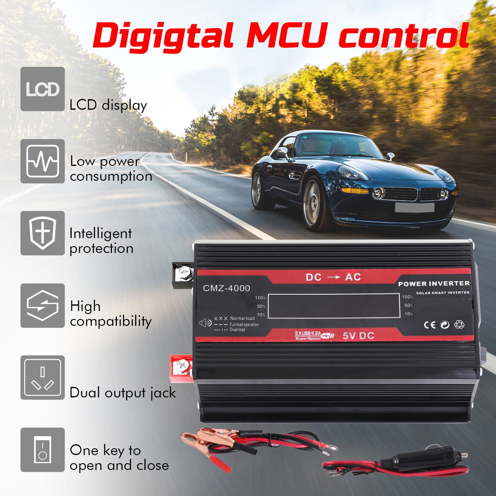 Power Inverter For Car 5000 Watts Surge Power 12V DC to 110V AC Modified Sine Wave, Power Converter for Vehicles and Outdoor Use with 3 USB Ports