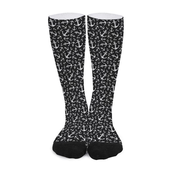 DIQADILA Black and White Anchor Pattern Print Long Socks