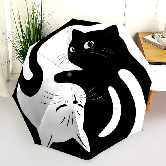 Yin Yang Black and White Cats Print Automatic Folding Umbrella, Portable 8-Rib Windproof Rain Umbrella for Outdoor, Travel, and Daily Use
