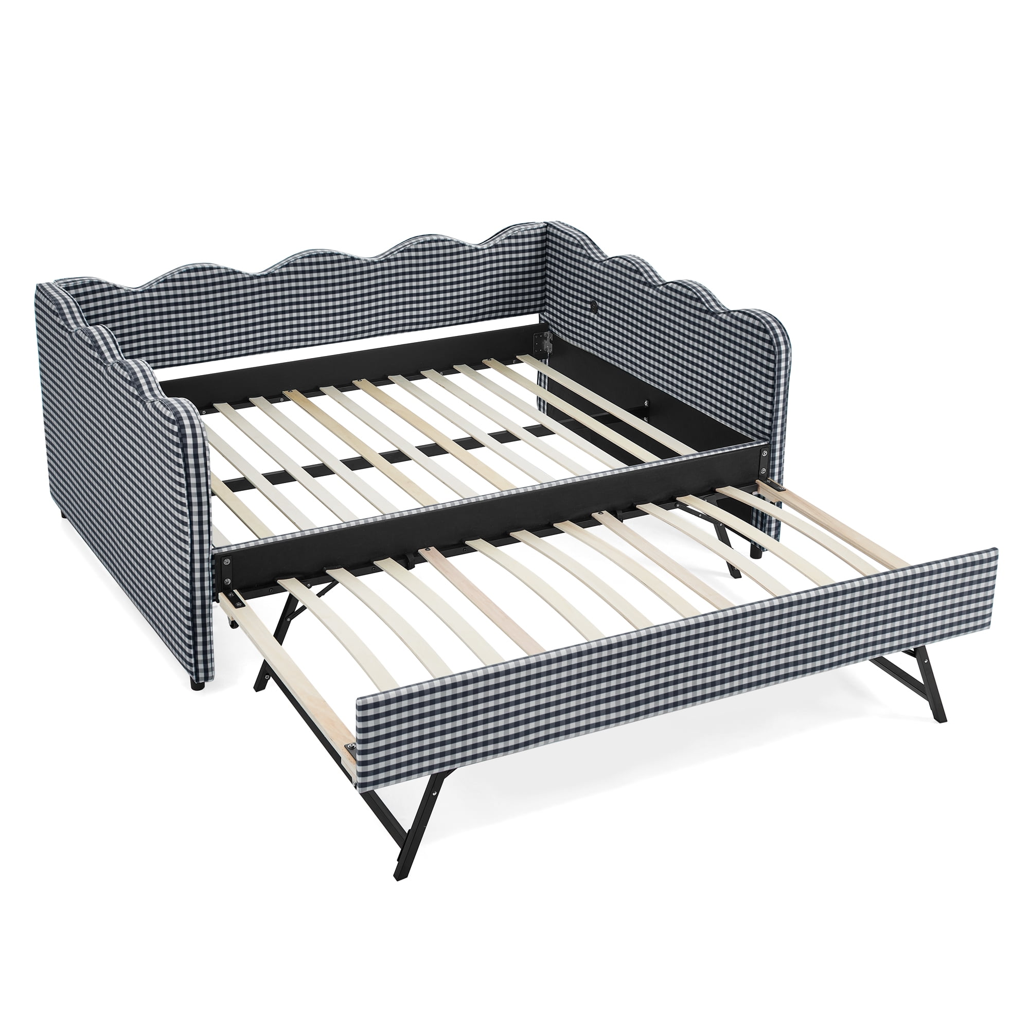 Full Size Daybed with Trundle and USB Port Upholstered Sofa Bed Gingham Linen Kids Guest Bed Frame, No Box Spring Needed, Navy