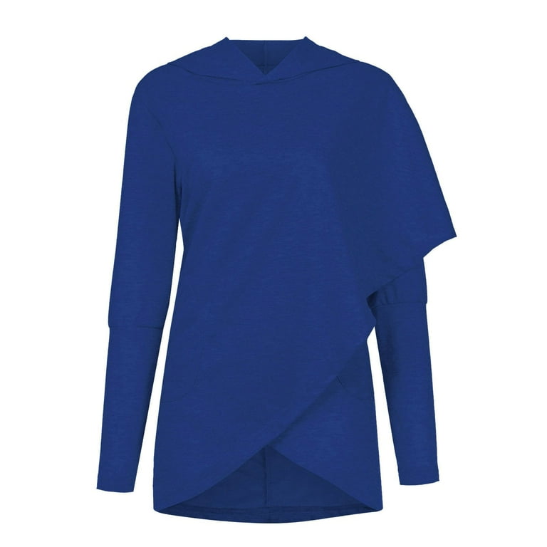 RQYYD Women Fashion Long Sleeve Hoodie Sweatshirt Solid Color Casual Crew Neck Front Wrap Pullover Hooded Sweatshirt with Pockets(Blue,M)