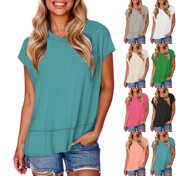 YHAJDS Womens Tops New Solid Color Hem Slit Short Sleeve Tee Casual Round Neck Shirt