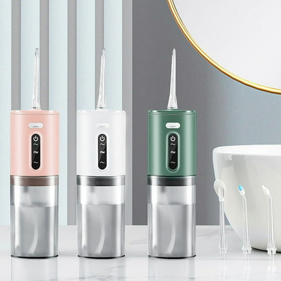 Xihbxyly Irrigador Bucal Portátil, 3 Modos de Presión de Agua, Recargable, Gran Capacidad de 280 Ml, Depósito Desmontable, Ideal para Viajes, Uso Doméstico, Incluye 2 Boquillas, Blanco, Verde y Rosa.