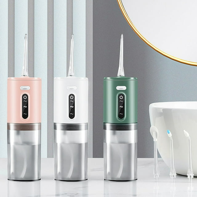Xihbxyly Irrigador Bucal Portátil, 3 Modos de Presión de Agua, Recargable, Gran Capacidad de 280 Ml, Depósito Desmontable, Ideal para Viajes, Uso Doméstico, Incluye 2 Boquillas, Blanco, Verde y Rosa.