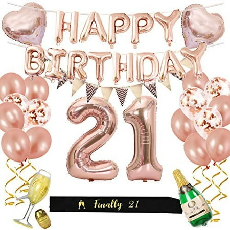 21st Birthday Decorations Kit, Rose Gold Happy Birthday Balloon Banner and Big Number 21 Balloon, Black Birthday Sash, 21 Year